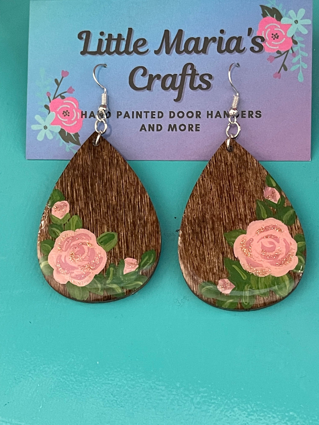 Earrings-Pink Rose on Stained Wood
