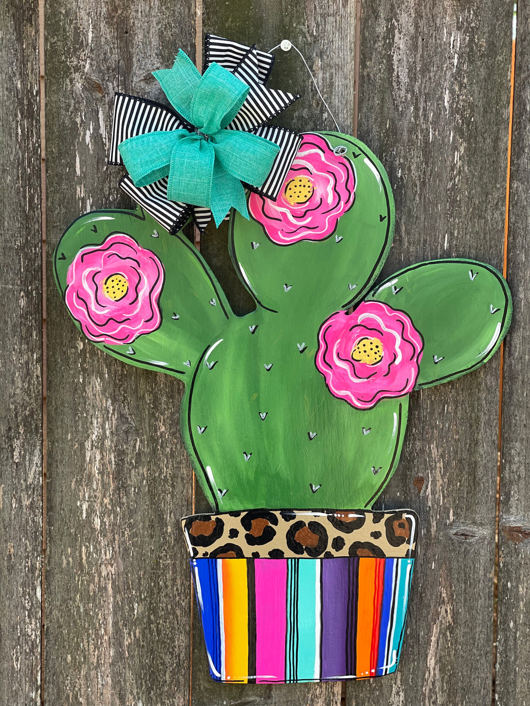 Cactus on a Sarape and Leopard Print Pot Door Hanger