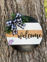 Load image into Gallery viewer, Round striped black, white and wood Door Hanger
