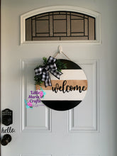 Load image into Gallery viewer, Round striped black, white and wood Door Hanger
