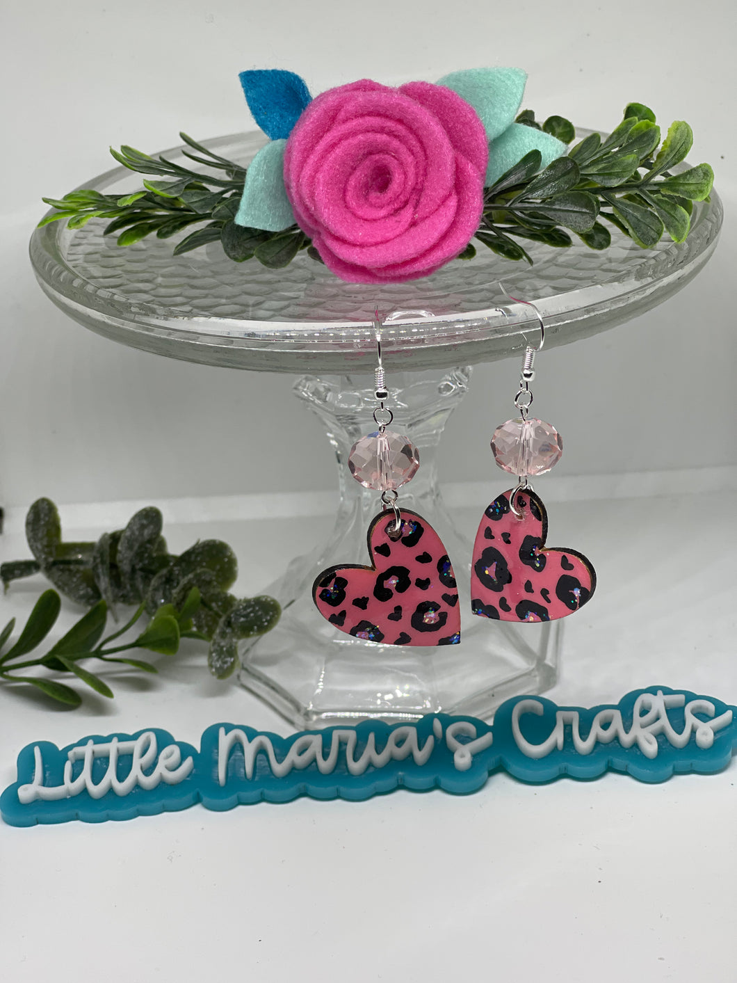 Earrings-Pink Leopard Beaded Heart