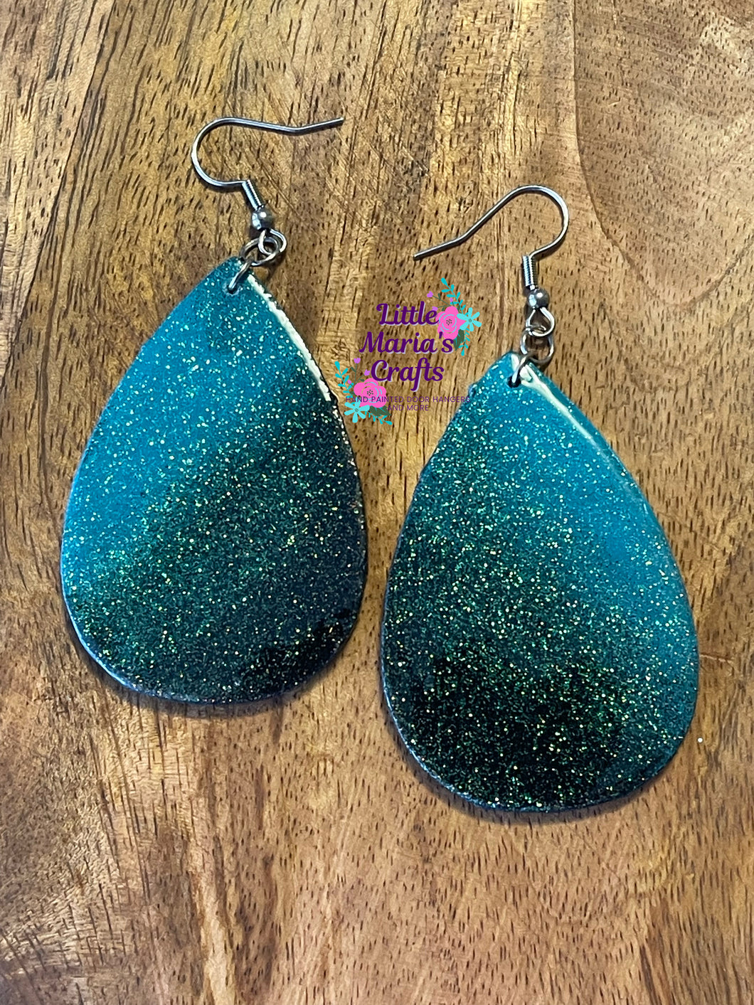 Earrings-Turquoise and Black Glitter Teardrop