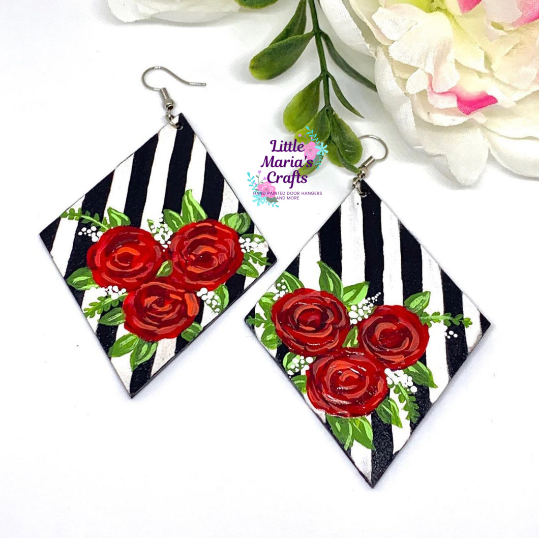 Earrings-Black and white Striped Rose Earrings