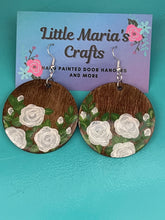 Load image into Gallery viewer, Earrings-White Rose on Stained Wood
